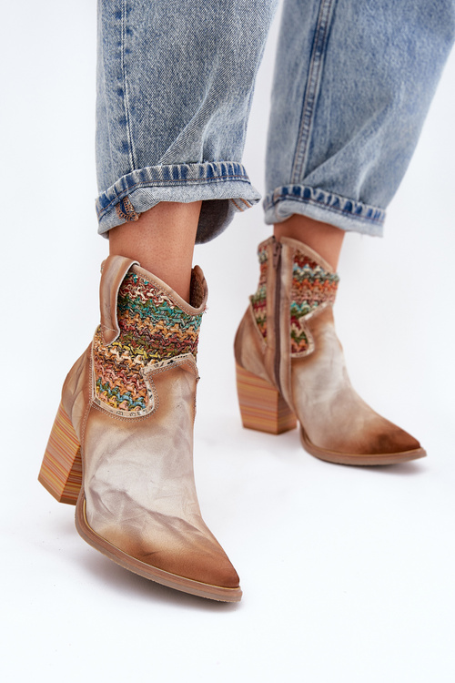 Skórzane Botki Kowbojki Na Słupku Z Ozdobną Plecionką Maciejka 06810-29 Multikolor