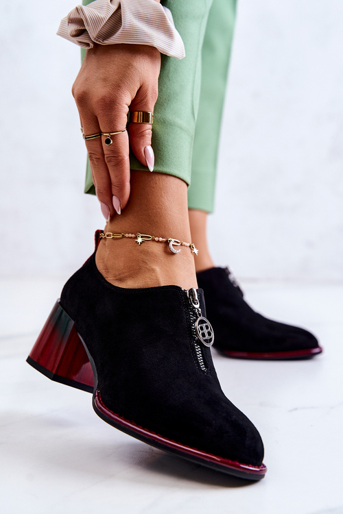 Zamszowe Modne Półbuty Na Słupku Czarno-Czerwone Lorena