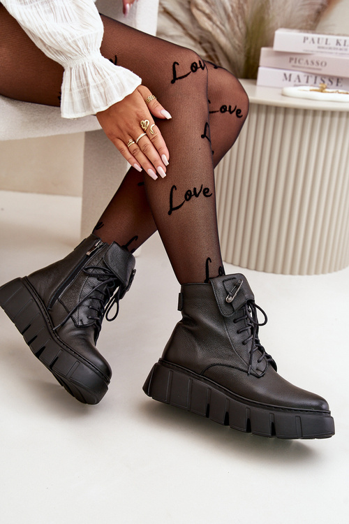 Zazoo 60511 Skórzane Botki Damskie Na Platformie Ocieplane Czarne