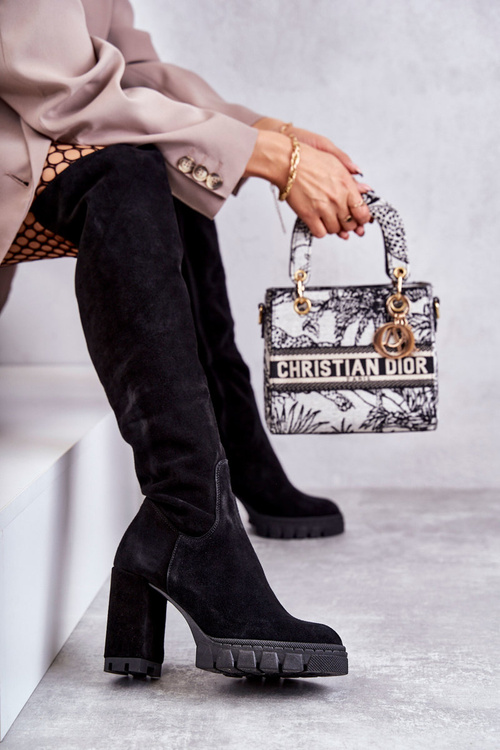 Modne Zamszowe Kozaki Muszkieterki Czarne Estrela