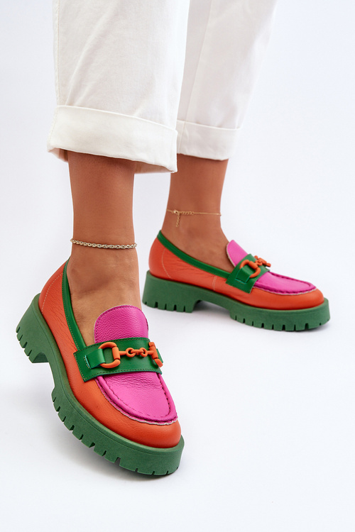 Mokasyny Skórzane Damskie Z Ozdobą CheBello 4444 Pomarańczowe