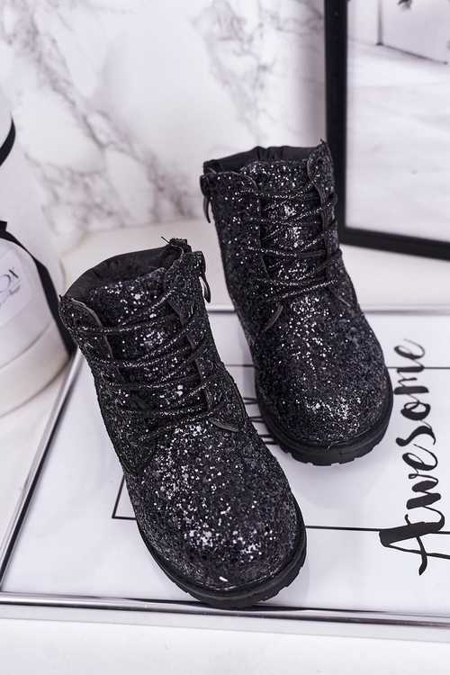 Dziecięce Brokatowe Ocieplane Botki Traperki Czarne Mermaid