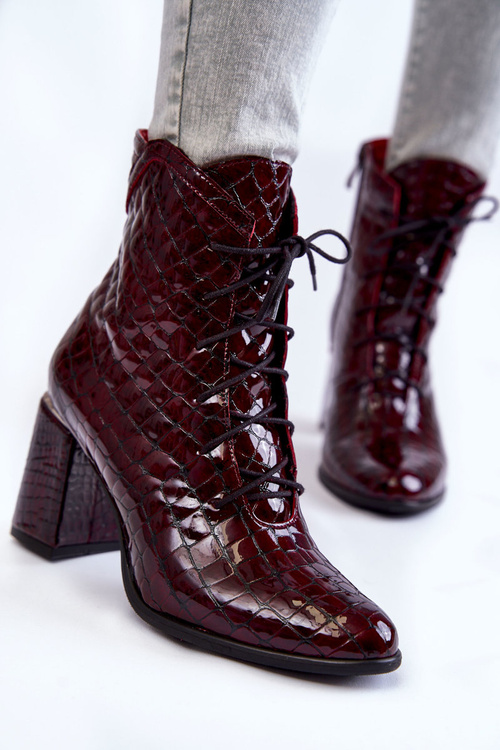 Damskie Lakierowane Botki Na Obcasie Krokodyli Wzór Bordowe Alva