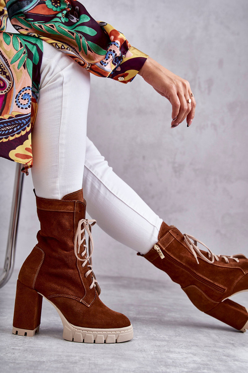 Damskie Zamszowe Botki Na Platformie Brązowe Edna