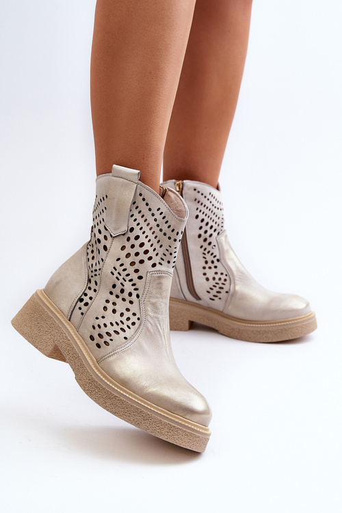 Zazoo 3470 Skórzane Botki Damskie Na Płaskim Obcasie Ażurowe Złote Przecierane