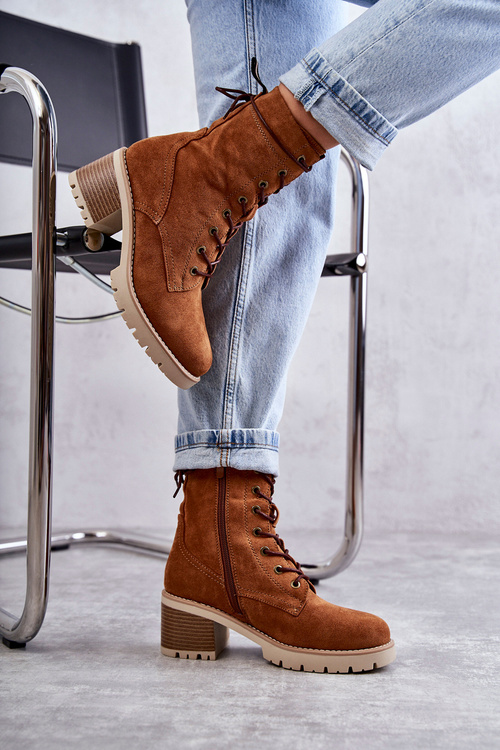 Damskie Ocieplane Botki Trapery Na Obcasie Camel Julieta