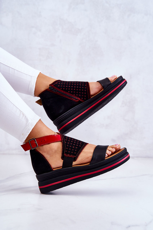 Skórzane Sandały Na Koturnie Maciejka 05356-01 Czarno-Czerwone