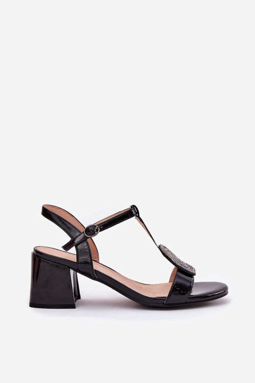 Skórzane Lakierowane Sandały Damskie Na Słupku Z Ozdobą Vinceza 91134 Czarne