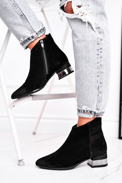 Botki Damskie Skórzane Ocieplane Laura Messi Czarne 2207