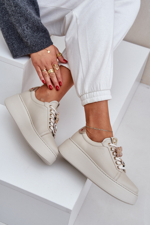 Damskie Skórzane Sneakersy Na Platformie Z Ozdobami CheBello 4292 Jasnobeżowe