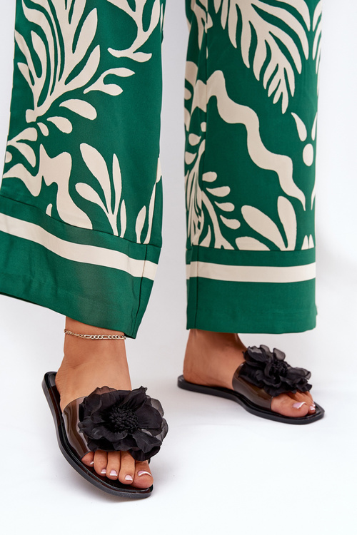 Transparentne Płaskie Klapki Damskie Ze Sztucznym Kwiatem Czarne Vobetta