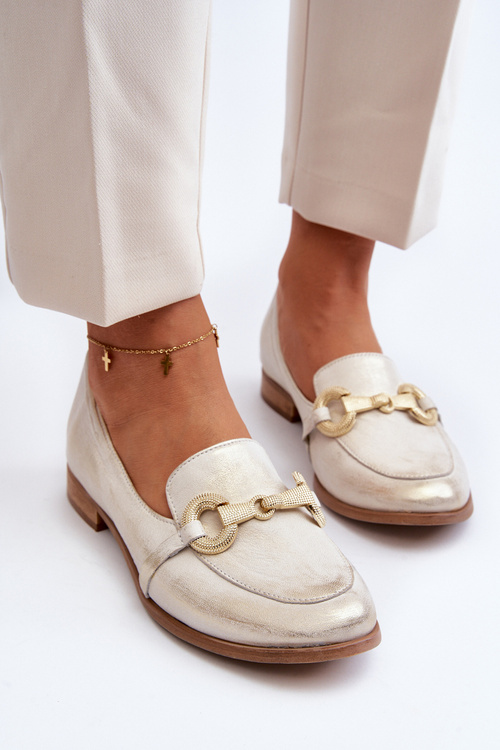 Zazoo 2880 Damskie Mokasyny Skórzane Z Ozdobą Złote