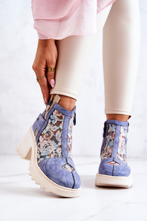 Skórzane Botki Na Masywnym Słupku Maciejka Niebieskie 05325-06