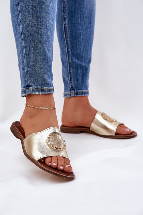 Zazoo 2938 Skórzane Klapki Na Płaskim Obcasie Z Ozdobą Złote