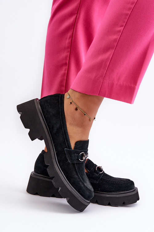 Masywne Mokasyny Damskie Zamszowe Czarne Neloria