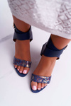 Skórzane Damskie Sandały Maciejka Na Słupku Granatowe 03597