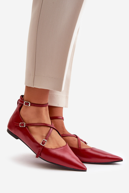 Baleriny Damskie Z Noskami W Szpic I Przeplatającymi Się Paskami Bordowe Violra