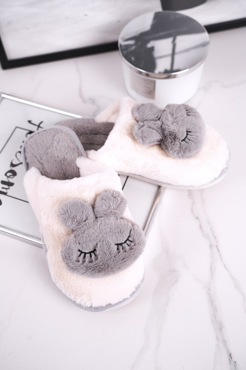 Papcie Damskie Futrzane Biało Szare Rabbit