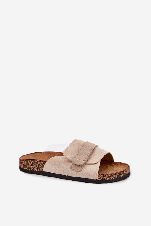 Klapki Damskie Z Rzepem Na Korkowej Platformie Beżowe Baylin