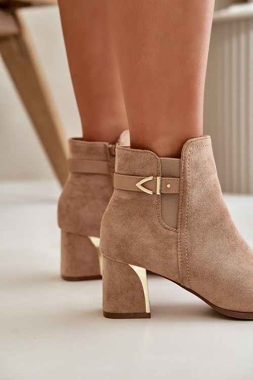 Botki Damskie Na Słupku Zapinane Na Zamek Eko Zamszowe Ciemnobeżowe Bonucci