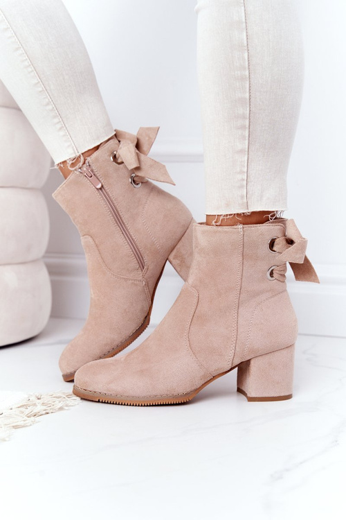 Damskie Ocieplane Botki Na Słupku Beżowe Kayla