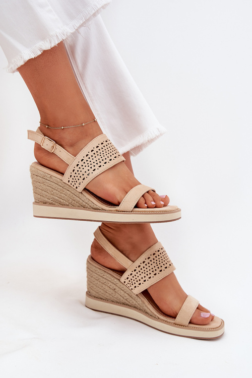 Sandały Damskie Ażurowe Na Koturnie Z Plecionką Beżowe Zolira