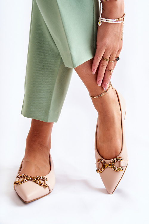 Damskie Skórzane Baleriny W Szpic Z Ozdobą Beżowe Carlos