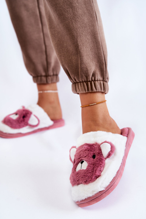 Damskie Futrzane Papcie Z Misiem Różowo-Białe Solly