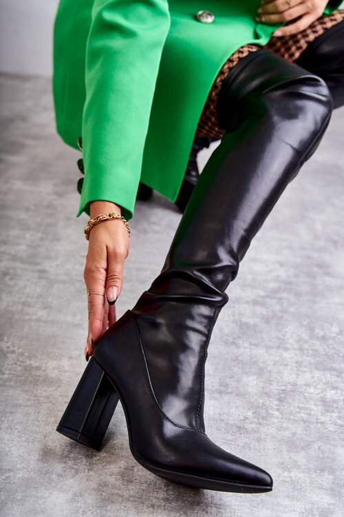 Skórzane Wysokie Kozaki Na Obcasie Czarne Casto