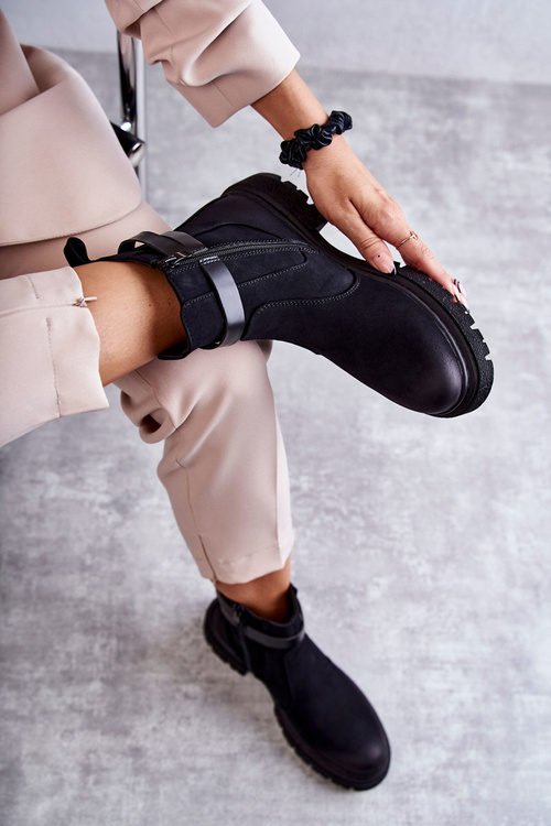 Damskie Ocieplane Botki Sztyblety Z Paskiem Czarne Jose