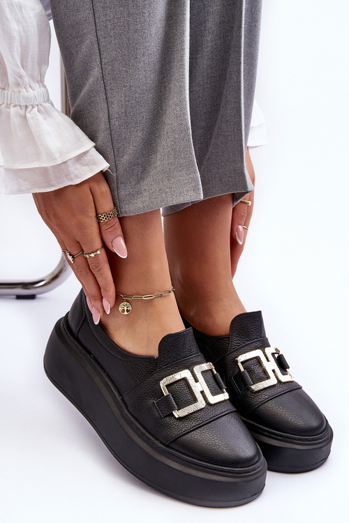 Skórzane Półbuty Damskie Na Platformie Czarne Lewski 3398/2