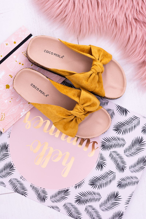 Żółte Damskie Klapki Z Kokardami Na Korku Sunshine