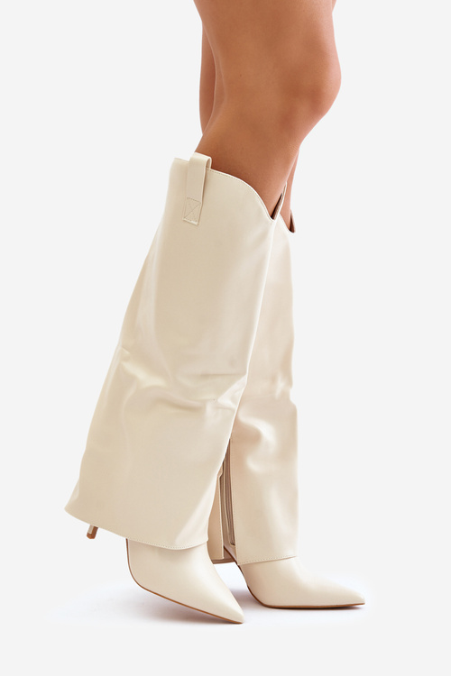 Kozaki Na Szpilce Z Wywiniętą Cholewką Jasnobeżowe Bellinna