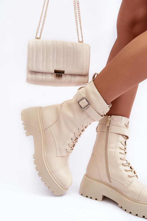 Skórzane Botki Workery Na Płaskim Obcasie Z Klamrą Jasnobeżowe Samivlo