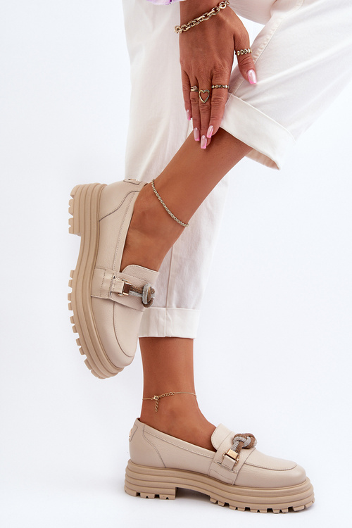 Skórzane Mokasyny Damskie Z Ozdobą Laura Messi 2780 Beżowe