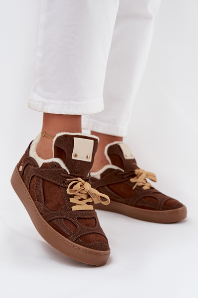 Sneakersy Damskie Na Platformie Ocieplane Futerkiem Brązowe Solvia