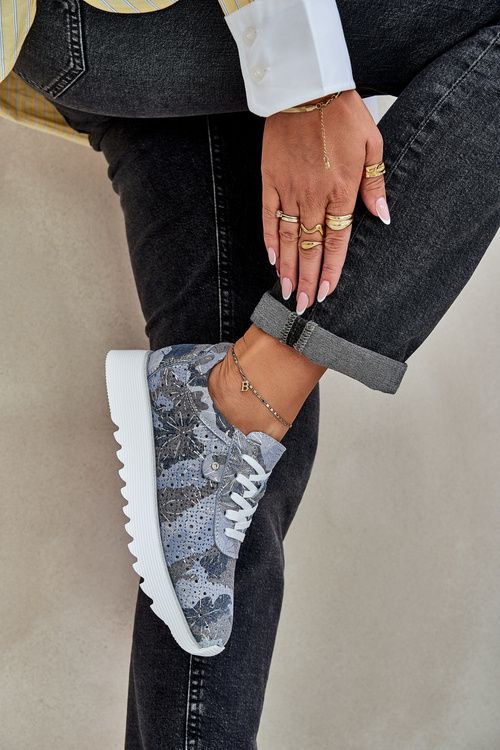 Zamszowe Wzorzyste Buty Sportowe Na Platformie Z Brokatem D&A LR51-635 Niebieskie