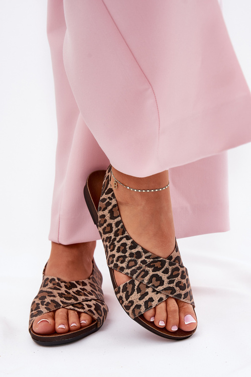 Sandały Skórzane Damskie Panterka Brązowe Zazoo 40407