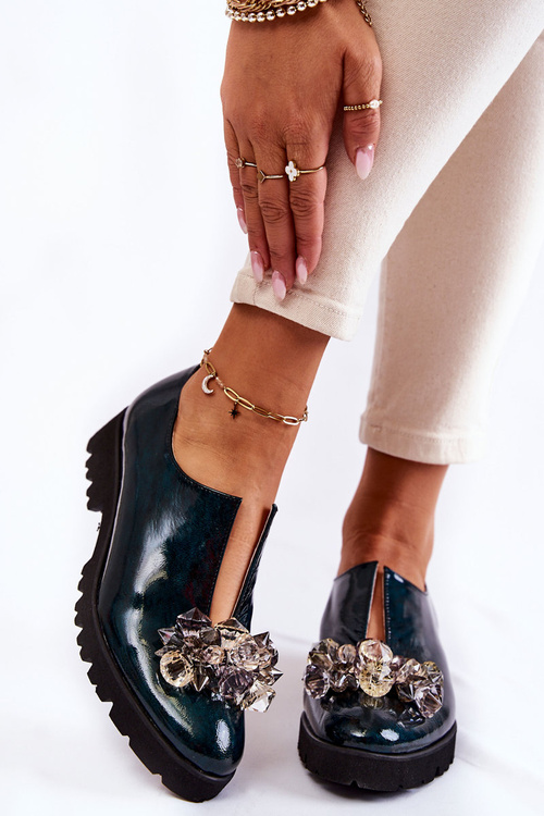 Eleganckie Lakierowane Półbuty Z Ozdobą Ciemnozielone Cindy