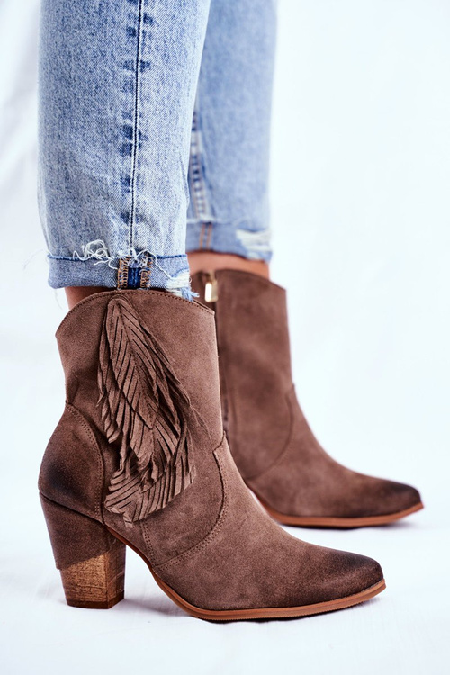 Damskie Botki Na Słupku Cappuccino Skórzane Quintana