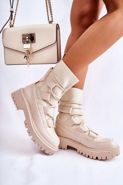 Damskie Botki Workery Ze Skarpetą Beżowe Fallor