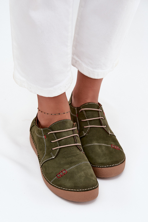 Skórzane Półbuty Damskie Z Przeszyciami Artiker 57C2112 Zielone