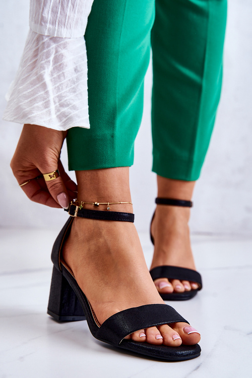 Damskie Modne Sandały Na Słupku Czarne Lucida