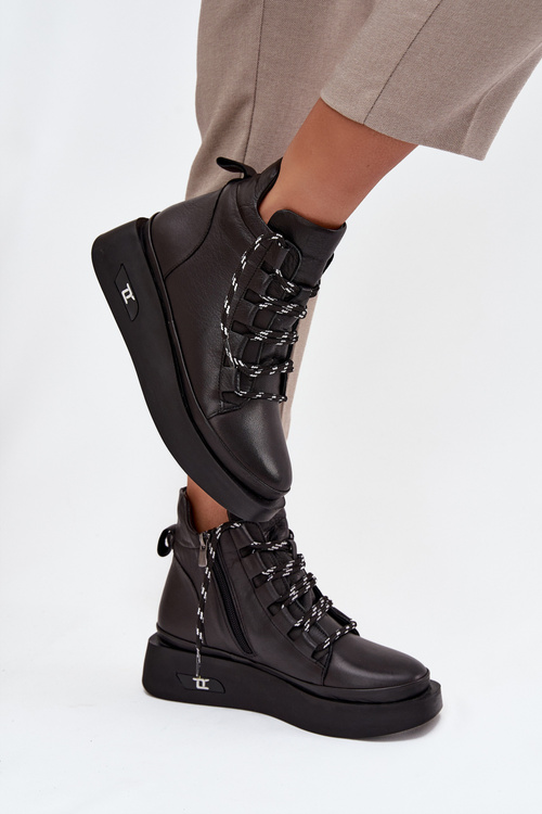 Skórzane Botki Damskie Na Platformie Ocieplane Artiker 55C0809 Czarne