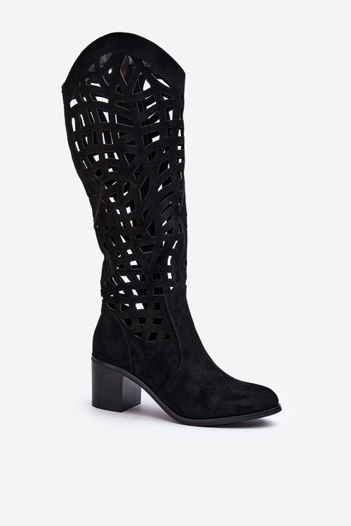 Ażurowe Kozaki Na Obcasie Czarne Pinkema