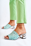 Skórzane Klapki Damskie Wzór Krokodyl Na Obcasie Jasnozielone Perry