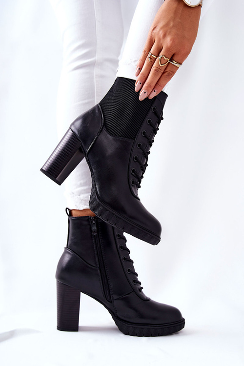 Skórzane Botki Na Słupku Wysokie Czarne Joyte