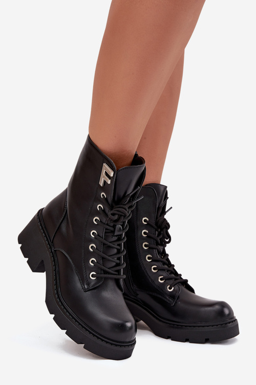 Botki Workery Damskie Na Klocku Ocieplane Z Literą F Czarne Lurina