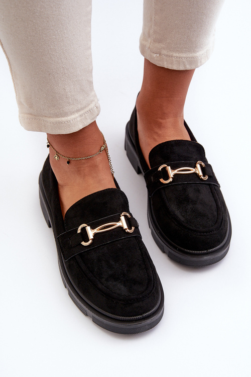 Mokasyny Damskie Ze Złotą Ozdobą Eko Zamszowe Czarne Lighas