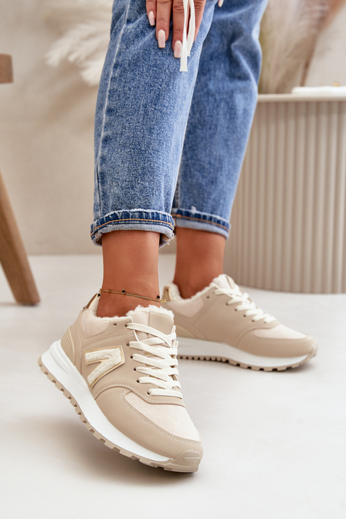 Sneakersy Buty Sportowe Damskie Ocieplane Kożuchem Beżowe Ciamara